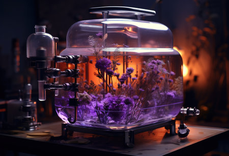 Generative AI, Essential oil extraction with distillery machine with lavender flowersの素材