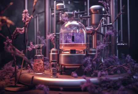 Generative AI, Essential oil extraction with distillery machine with lavender flowersの素材
