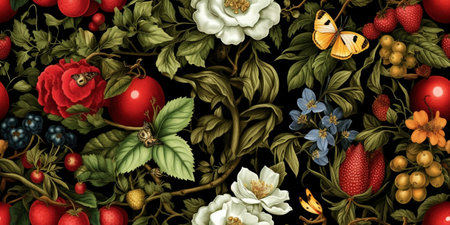 Generative AI, Floral colorful pattern. William Morris inspired natural plants and flowers background, vintage illustration. Foliage ornament.の素材