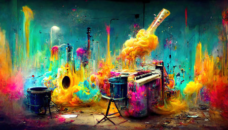 Generative AI, Street art with keys and musical instruments silhouettes. Ink colorful graffiti art with melted paintの素材