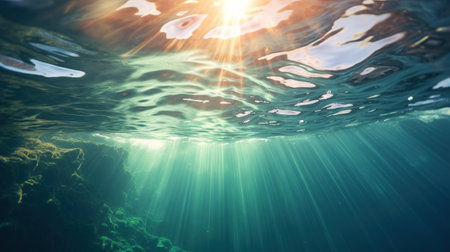 Generative AI, Dark blue ocean surface seen from underwater with sun lightの素材