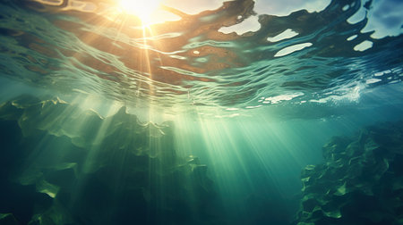 Generative AI, Dark blue ocean surface seen from underwater with sun lightの素材