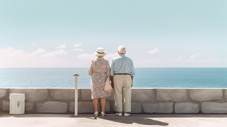 Generative AI, A senior couple looking to the ocean or sea, having fun at the beach