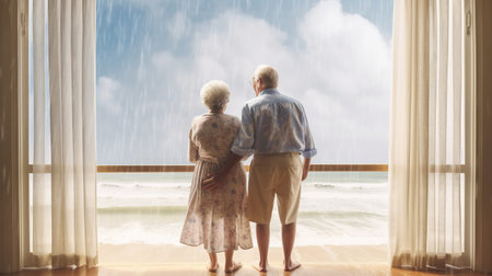 Generative AI, A senior couple looking to the ocean or sea, having fun at the beachの素材