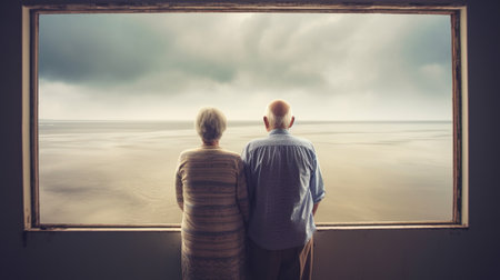 Generative AI, A senior couple looking to the ocean or sea, having fun at the beachの素材