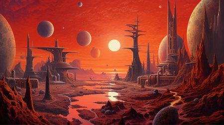 Generative AI, Surreal view from the orange planet landscape, sci-fi illustration, red martian terrain.の素材