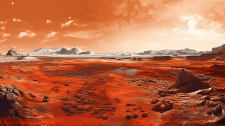 Generative AI, Surreal view from the orange planet landscape, sci-fi illustration, red martian terrain.の素材