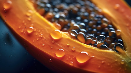 Generative AI, Macro Fresh half of papaya fruit background. Tropical exotic closeup photo with dropsの素材