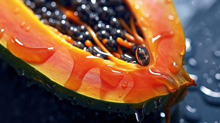 Generative AI, Macro Fresh half of papaya fruit background. Tropical exotic closeup photo with dropsの素材