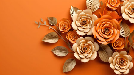 Generative AI, Paper cut craft flowers and leaves, apricot crush orange color, origami textured background, spring mood. floral frame layout.の素材