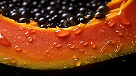 Generative AI, Macro Fresh half of papaya fruit background. Tropical exotic closeup photo with dropsの素材