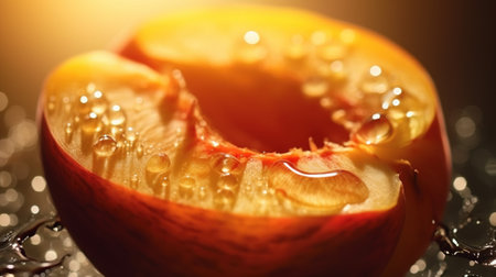 Generative AI, bright slice of juicy ripe peach and water drops, macro of summer fruitの素材