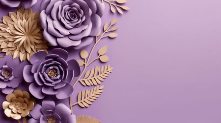Generative AI, Paper cut craft flowers and golden leaves, light purple, digital lavender color, floral origami textured background, spring mood.の素材