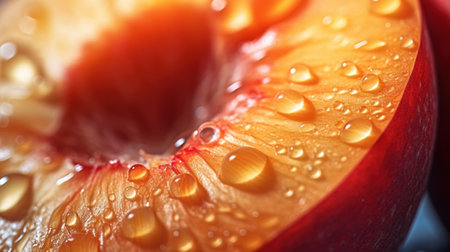 Generative AI, bright slice of juicy ripe peach and water drops, macro of summer fruitの素材