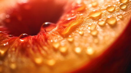 Generative AI, bright slice of juicy ripe peach and water drops, macro of summer fruitの素材