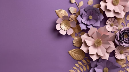 Generative AI, Paper cut craft flowers and golden leaves, light purple, digital lavender color, floral origami textured background, spring mood.の素材
