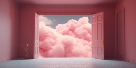 Generative AI, Pink magenta fantastic 3d clouds in the room interior, sky and landscape. Gentle colors and bright lights.の素材