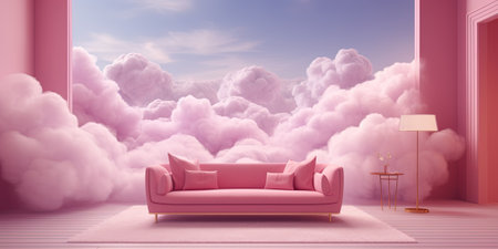 Generative AI, Pink magenta fantastic 3d clouds in the room interior, sky and landscape. Gentle colors and bright lights.の素材