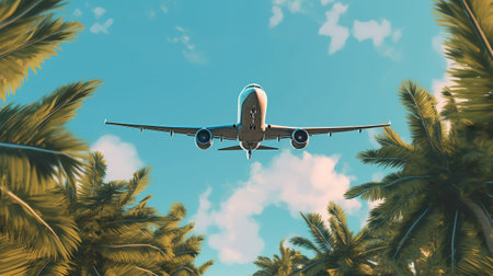 Generative AI plane flying over a tropical island with palm trees. Travel, vacation concept. beautiful sky backgroundの素材