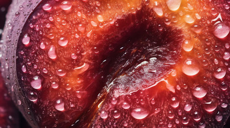 Generative AI, bright slice of juicy ripe plum and water drops, macro of summer fruitの素材