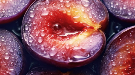 Generative AI, bright slice of juicy ripe plum and water drops, macro of summer fruitの素材