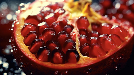 Generative AI, Macro Fresh Juicy half of pomegranate fruit background. Close-up photoの素材
