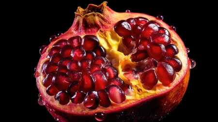 Generative AI, Macro Fresh Juicy half of pomegranate fruit with drops of water background. Close-up photoの素材