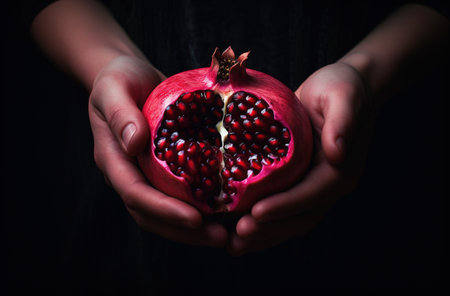 Generative AI, Fresh Juicy whole or half of pomegranate fruit with water drops, still life on dark background. close up photoの素材