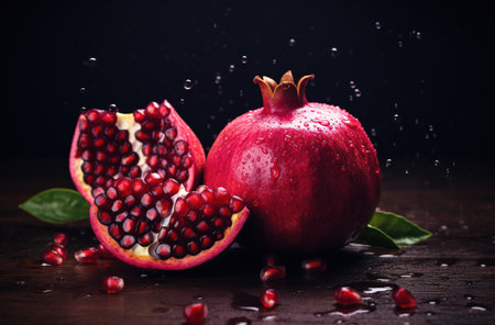 Generative AI, Fresh Juicy whole or half of pomegranate fruit with water drops, still life on dark background. close up photoの素材