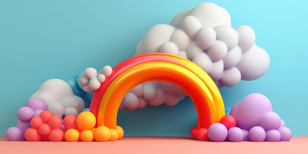 Generative AI, rainbow and colorful balloons. birthday party 3d background. Mockup template for greeting cardの素材