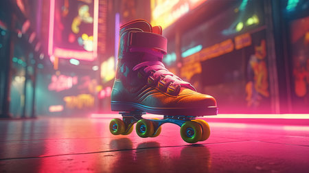 Generative AI, Roller skate in cyberpunk style, disco nostalgic 80s, 90s. Neon night lights vibrant colors, photorealistic horizontal illustration of the futuristic city. Sport activity concept..の素材