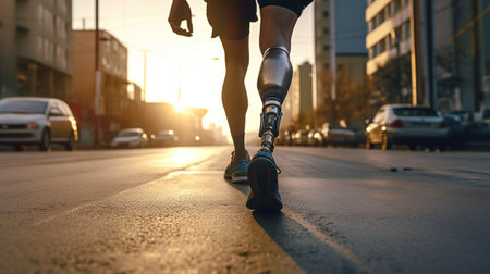Generative AI, person with disability, prosthetic limb running and does not feel obstaclesの素材