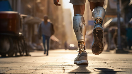 Generative AI, person with disability, prosthetic limb running and does not feel obstacles,の素材