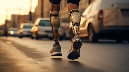 Generative AI, person with disability, prosthetic limb running and does not feel obstacles,の素材