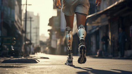 Generative AI, person with disability, prosthetic limb running and does not feel obstacles,の素材