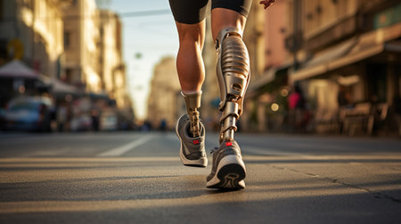 Generative AI, person with disability, prosthetic limb running and does not feel obstacles,の素材
