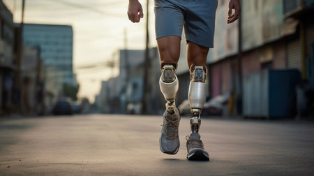 Generative AI, person with disability, prosthetic limb running and does not feel obstacles,の素材