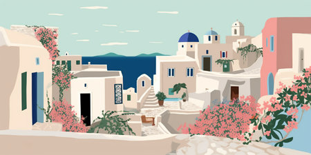 Generative AI, Santorini, Greece theme wall art print matisse style poster, flat style illustrationの素材