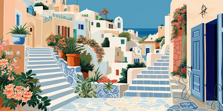 Generative AI, Santorini, Greece theme wall art print matisse style poster, flat style illustrationの素材