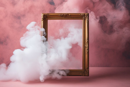 Generative AI, pastel light smoke around empty vintage beautiful frame.の素材