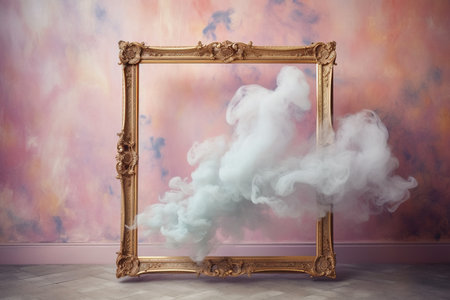 Generative AI, pastel light smoke around empty vintage beautiful frame.の素材