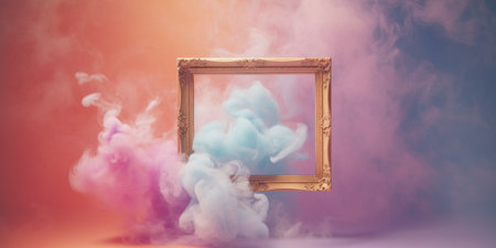 Generative AI, pastel light smoke around empty vintage beautiful frame.の素材