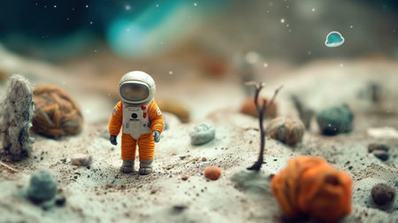 Generative AI, Space adventure illustration made of wool. Cosmic planet craft landscape with astronaut.の素材