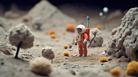 Generative AI, Space adventure illustration made of wool. Cosmic planet craft landscape with astronaut.の素材