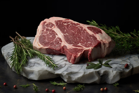 Generative AI, raw fresh ribeye steak on a board on a table prepared for the grill, cowboy steak with rosemary and pepperの素材