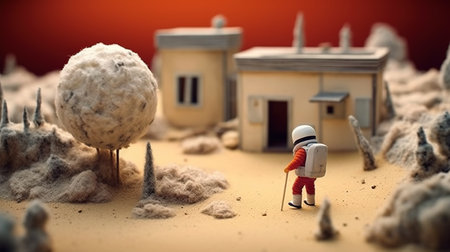 Generative AI, Space adventure illustration made of wool. Cosmic planet craft landscape with astronaut.の素材