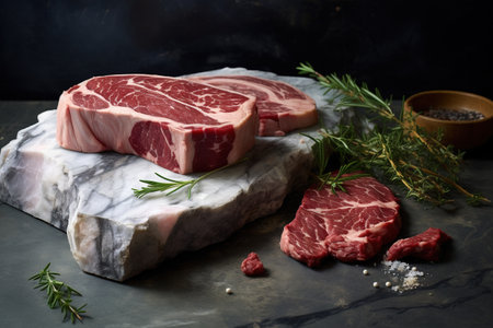 Generative AI, raw fresh ribeye steak on a board on a table prepared for the grill, cowboy steak with rosemary and pepperの素材