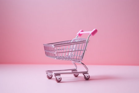 Generative AI, pink shopping cart on pink background, minimalistic shop online, free delivery, discounts and sale concept.の素材