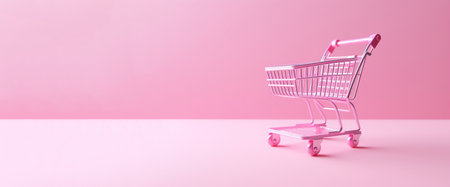 Generative AI, pink shopping cart on pink background, minimalistic shop online, free delivery, discounts and sale concept.の素材