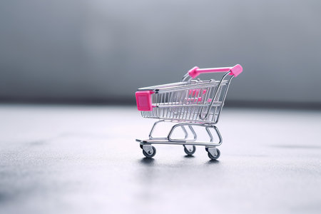 Generative AI, pink shopping cart on pink background, minimalistic shop online, free delivery, discounts and sale concept.の素材